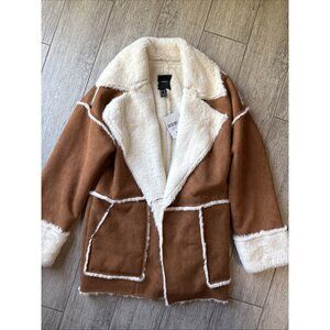 FOREVER 21 Penny Lane Jacket Women Brown Faux Fur Suede Leather Coat Open MEDIUM